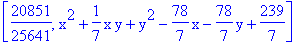 [20851/25641, x^2+1/7*x*y+y^2-78/7*x-78/7*y+239/7]